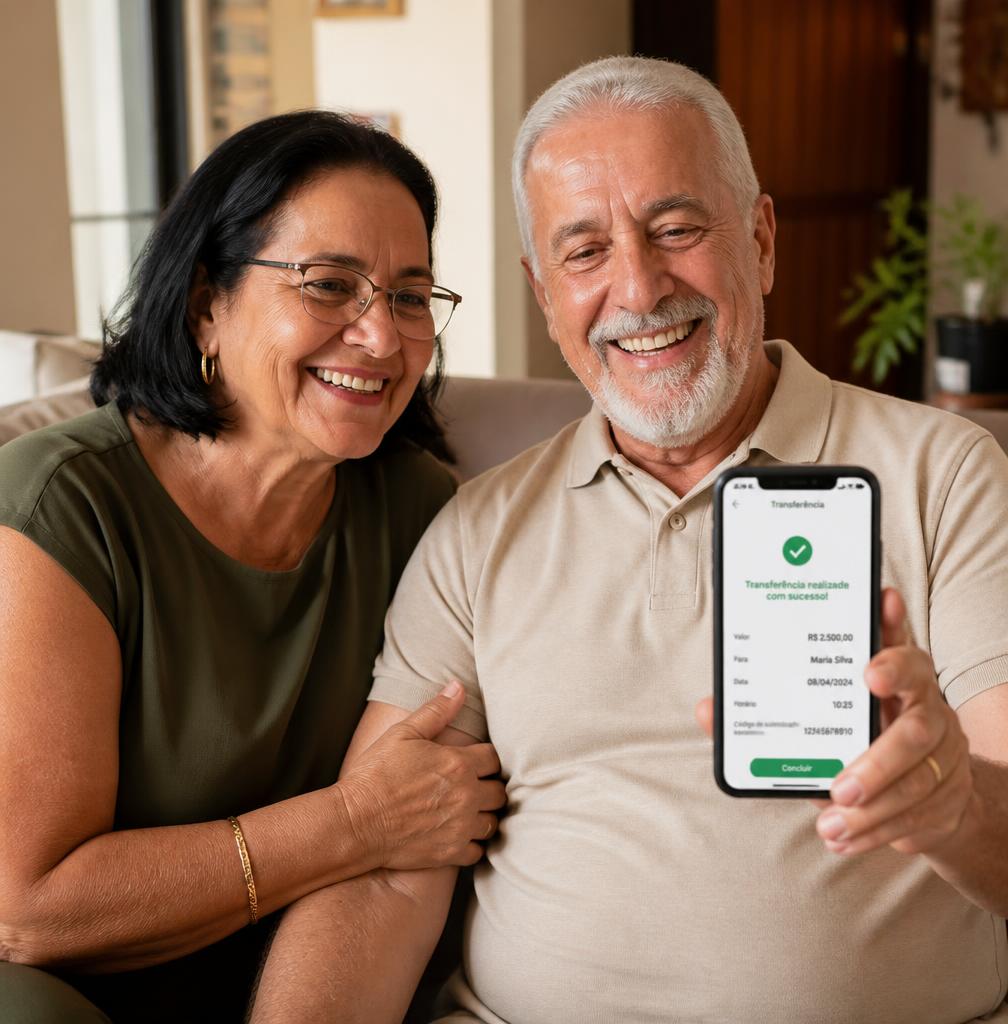 Casal de clientes sorrindo ao ver a confirmação do pagamento do precatório no celular